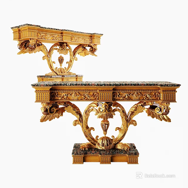 Luxury Ornate Gold Console Table With Intricate Carved Details And Marble Top 3d model 