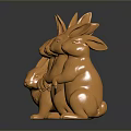 Six Copper Colored Rabbit Sculptures In Various Poses With Black Background Reflections