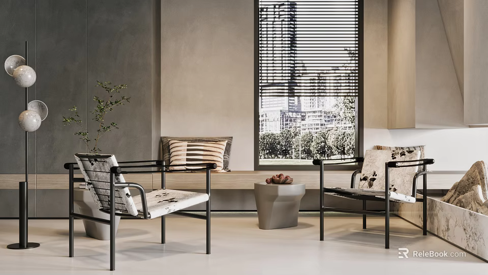 Modern Table Chair Set With Patterned Cushions By Window Gray Wall And City View Blinds 3d model