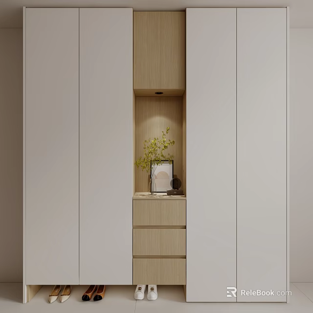 Modern Entryway Side Cabinet With Light Wood White Open Shelf Green Plant Decor And Drawers 3d model 