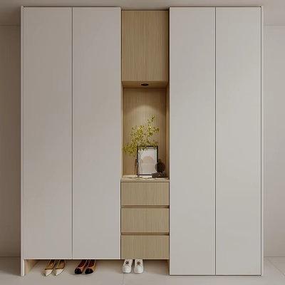 Modern Entryway Side Cabinet With Light Wood White Open Shelf Green Plant Decor And Drawers 3d model