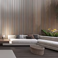 Modern Hotel Public Lounge With Wooden Walls Large Windows Green Plants And Woven Coffee Tables