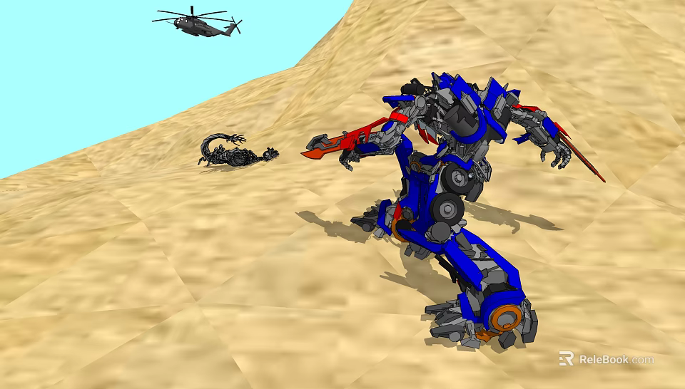 Desert Scene With Blue Robot Scorpion And Flying Helicopter In Action 3d model 