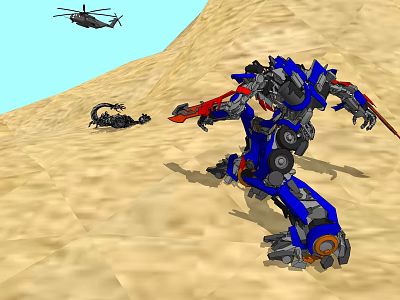 Desert Scene With Blue Robot Scorpion And Flying Helicopter In Action 3d model