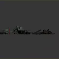 Military Tank Surrounded By Green Vehicles And Broken Battlefield Remains