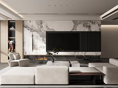 Modern Living Room Interior With Marble Accent Wall TV Wall Fireplace And Beige Sofas 3d model
