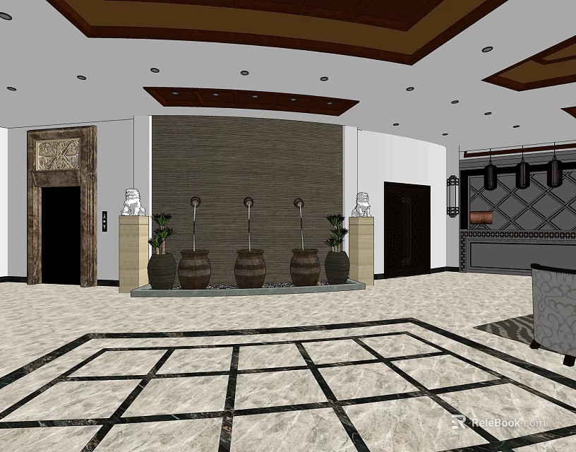 Elegant Front Desk Reception Interior With Wooden Panel Wall Decorative Vases And Marble Flooring 3d model 