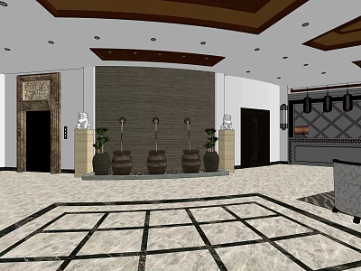 Elegant Front Desk Reception Interior With Wooden Panel Wall Decorative Vases And Marble Flooring 3d model