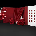 Red Curtain Backdrop With Red Floral Arrangements And White Grid Panel Decor 3d model