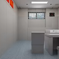 Public Restroom Interior With Multiple Stalls Blue Walls And Gray Doors