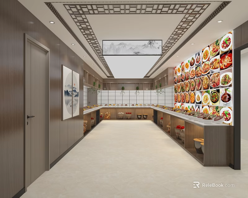 Modern Restaurant Interior Design With Open Kitchen Counter And Appliances 3d model