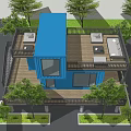 Blue Two Story Container Building With Balcony And Parking Space Surrounded By Greenery
