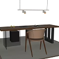 Modern Desk Interior With Hanging Lamp Beige Chair Notebook And Fruits