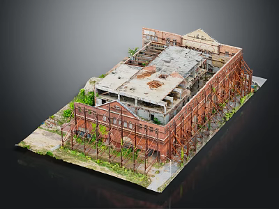Industrial Building Model With Rusted Metal Frames Damaged Roof And Green Plants 3d model