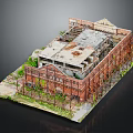 Industrial Building Model With Rusted Metal Frames Damaged Roof And Green Plants