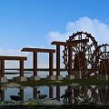 Garden Ornaments With Wooden Water Wheels Pond Lotus Flowers Green Plants Blue Sky White Clouds