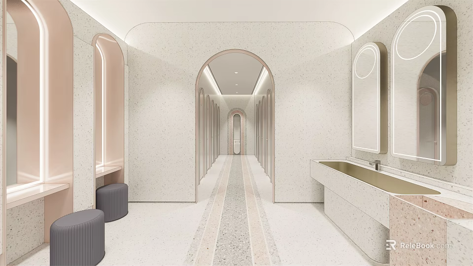 Modern Public Restroom Interior Design With Clean Washbasins And Mirrored Walls 3d model 