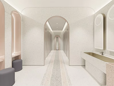 Modern Public Restroom Interior Design With Clean Washbasins And Mirrored Walls 3d model