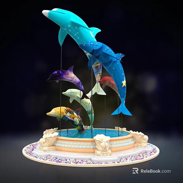 Colorful Dolphin Sculpture With Decorative Base Water Pool And Artistic Details 3d model 