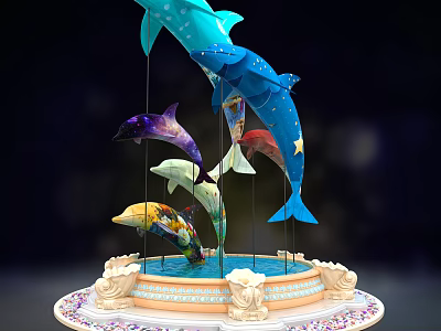Colorful Dolphin Sculpture With Decorative Base Water Pool And Artistic Details 3d model