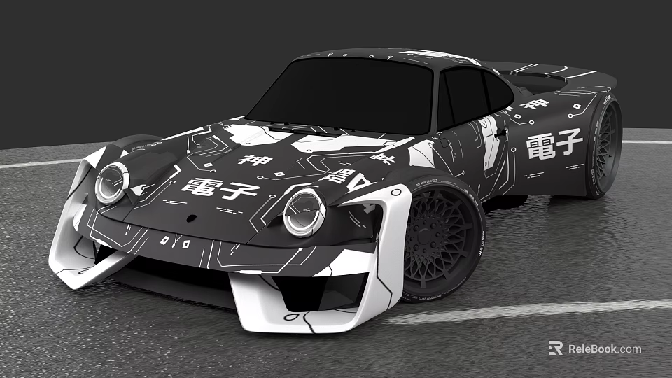 Custom Sports Car Featuring Black White Graffiti Electronic Graphics And Alloy Wheels 3d model 