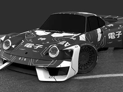 Custom Sports Car Featuring Black White Graffiti Electronic Graphics And Alloy Wheels 3d model