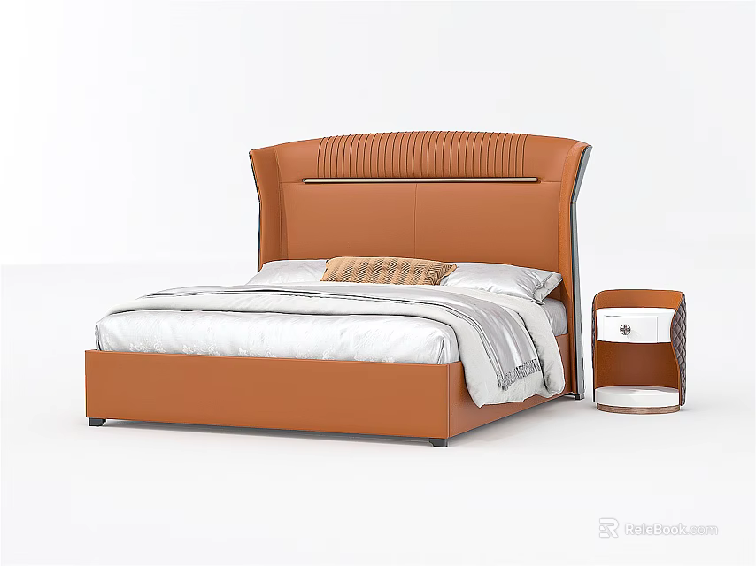 Modern Leather Double Bed With Tufted Headboard Matching Nightstand And White Bedding 3d model