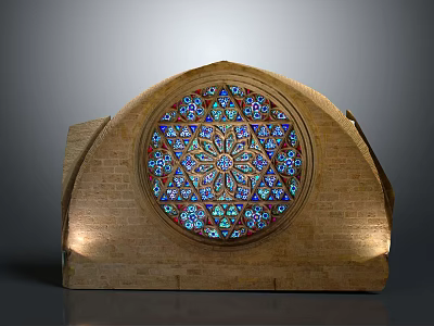 Casement Window Architectural Design With Stained Glass And Stone Masonry Illuminated By Lighting 3d model