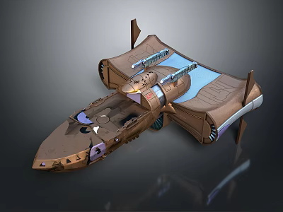 Sci Fi Spaceship Design With Brown Exterior Blue Panel Wing Structures And Metallic Details 3d model