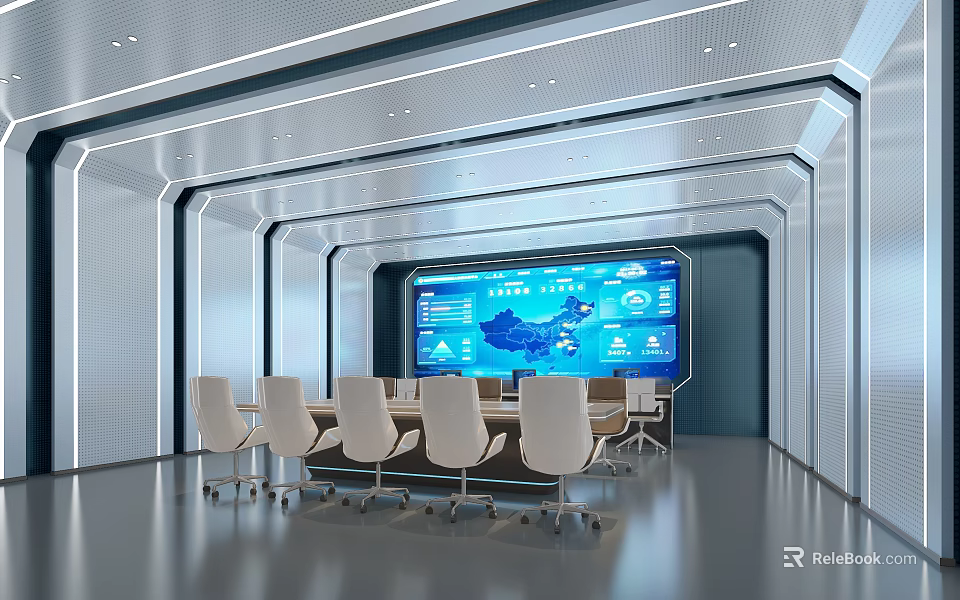 Modern Monitoring Room Interior With Large Display Screen Control Console And Ergonomic Chairs 3d model 