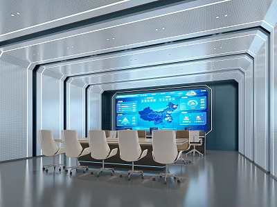 Modern Monitoring Room Interior With Large Display Screen Control Console And Ergonomic Chairs 3d model
