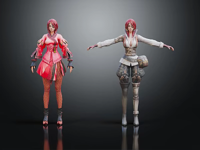 Stylish Character And Creature 3D Models With Red Hair Different Outfits And Poses 3d model