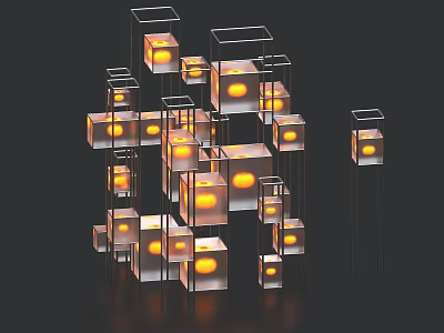 Transparent Cube Structures With Yellow Light In Irregular 3D Arrangement On Dark Background 3d model