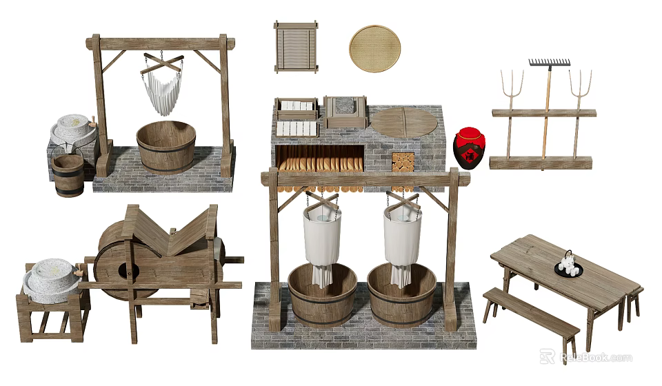 Traditional Wooden Garden Ornaments With Stone Mill Rakes And Wooden Buckets 3d model 