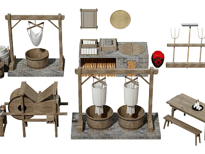 Traditional Wooden Garden Ornaments With Stone Mill Rakes And Wooden Buckets 3d model
