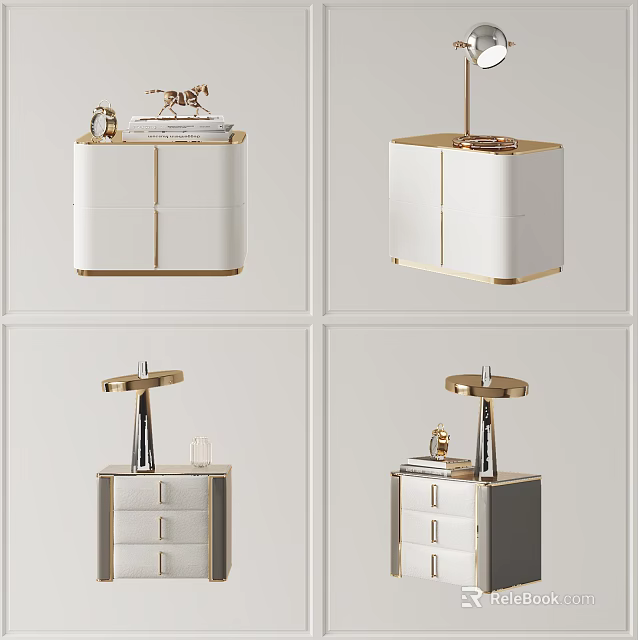 Modern Elegant Bedside Table Design With Gold Accents Drawers And Decorative Items 3d model 