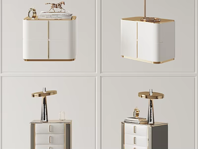 Modern Elegant Bedside Table Design With Gold Accents Drawers And Decorative Items 3d model
