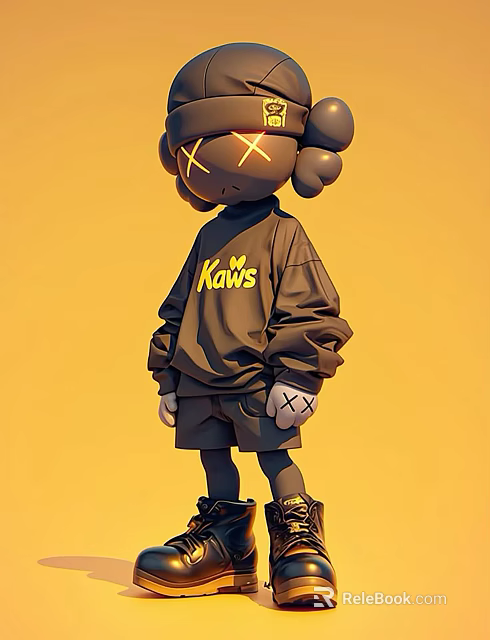 Decorative Ornament Set Featuring Kaws Figure In Brown Sweatshirt And Shorts Against Yellow Background 3d model 