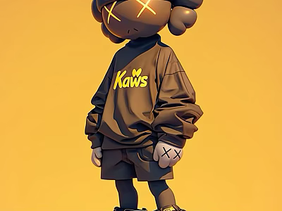 Decorative Ornament Set Featuring Kaws Figure In Brown Sweatshirt And Shorts Against Yellow Background 3d model