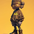 Decorative Ornament Set Featuring Kaws Figure In Brown Sweatshirt And Shorts Against Yellow Background