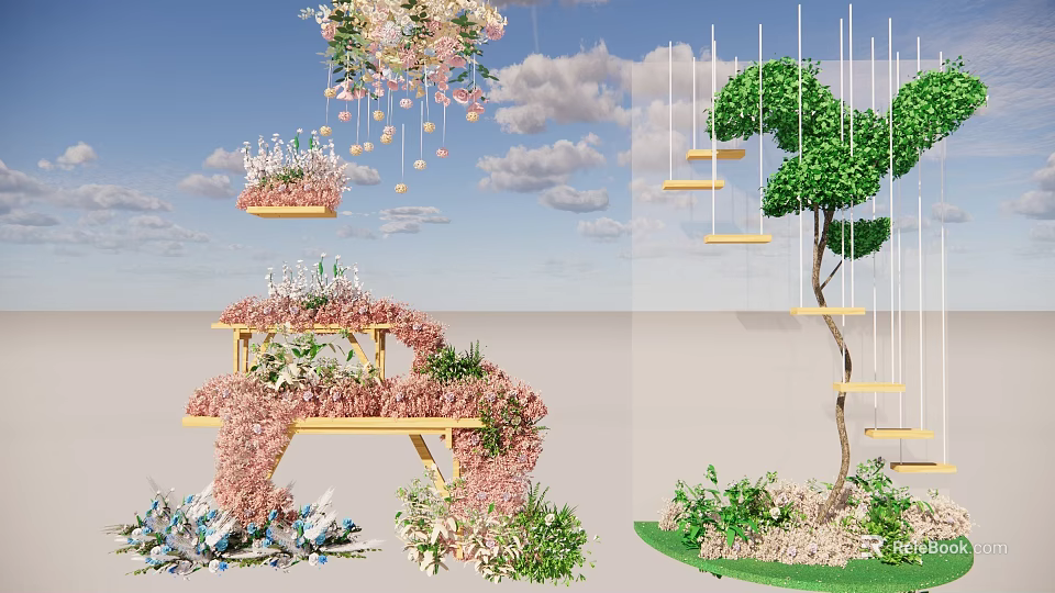 Floral Display Design With Hanging Pink Flowers Wooden Structures And Green Plants 3d model 