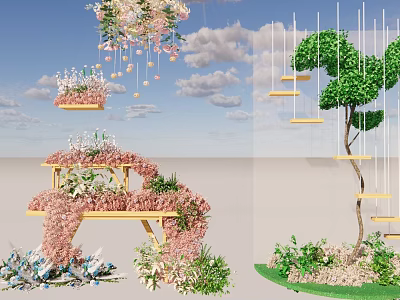 Floral Display Design With Hanging Pink Flowers Wooden Structures And Green Plants 3d model