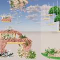 Floral Display Design With Hanging Pink Flowers Wooden Structures And Green Plants
