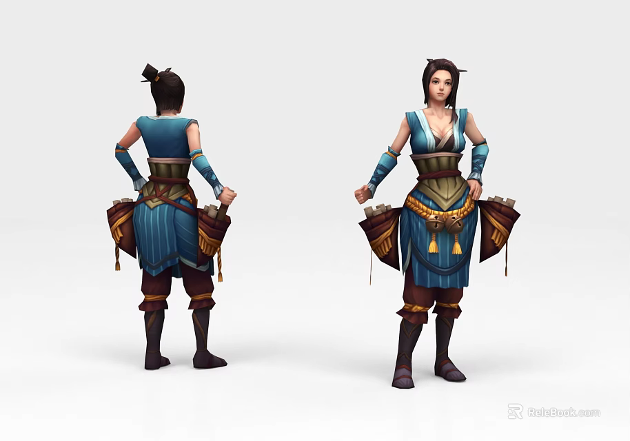 Game and Movie Character in Blue Outfit With Decorative Belt Side Pockets and Boots 3d model 