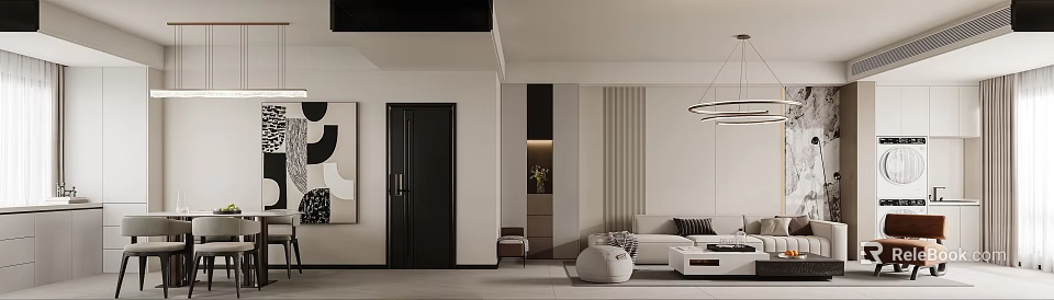 Modern Living Dining Room Interior With Black Door White Walls Gray Sofa And Pendant Lights 3d model 