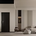 Modern Living Dining Room Interior With Black Door White Walls Gray Sofa And Pendant Lights