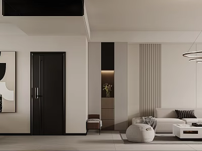 Modern Living Dining Room Interior With Black Door White Walls Gray Sofa And Pendant Lights 3d model