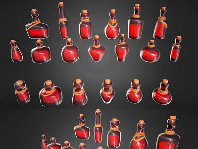 Decorative Ornament Set with Red Glass Bottles and Wooden Stoppers for Home 3d model