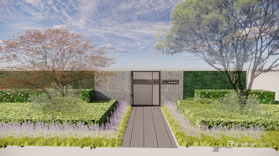 Vibrant Purple Flowers and Trimmed Hedges Lining Stone Path to Garden Gate 3d model 