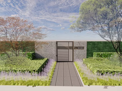Vibrant Purple Flowers and Trimmed Hedges Lining Stone Path to Garden Gate 3d model